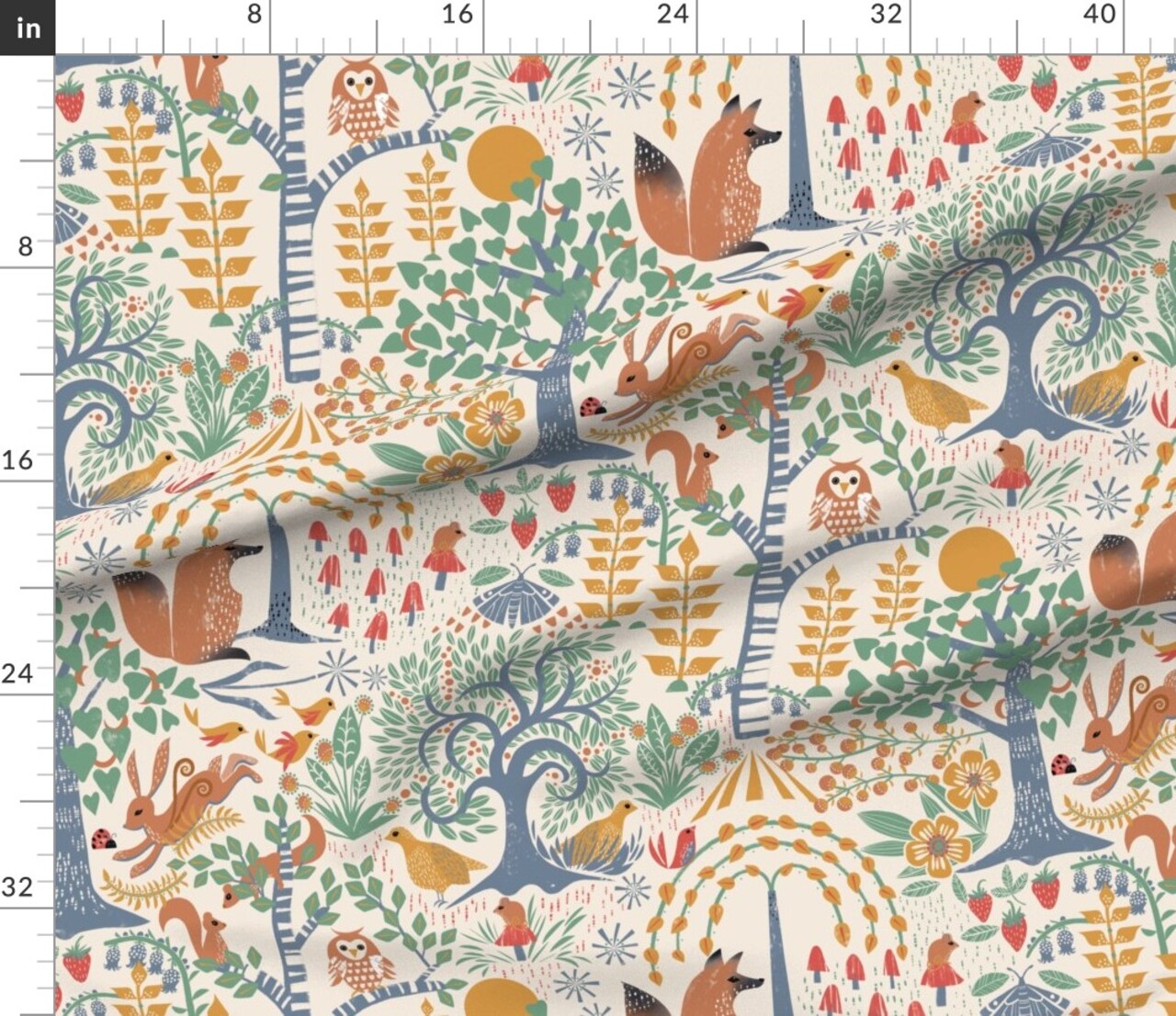 Woodland Block Print Fox Owl Rabbit Nature Trees Squirrels Birds Botanical Folk Art Scandi Bugs Mushrooms Flora Fauna Custom Printed Fabric by Spoonflower Various Fabrics by the Yard or Fat Quarter